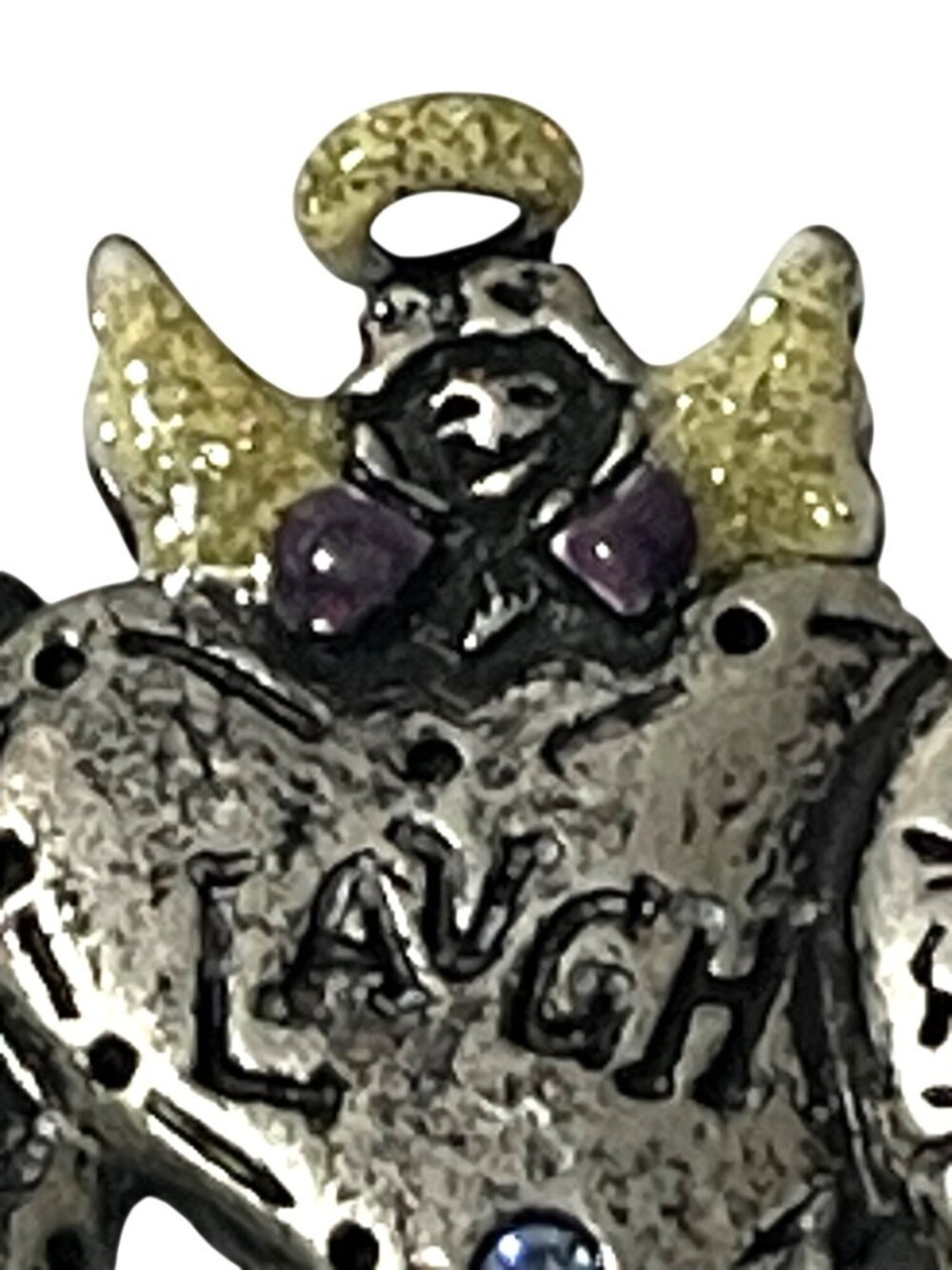 Three Angel Brooch Pin Live Laugh Love Enameled Glitter Wings & Halo Rhinestones - Picture 3 of 12